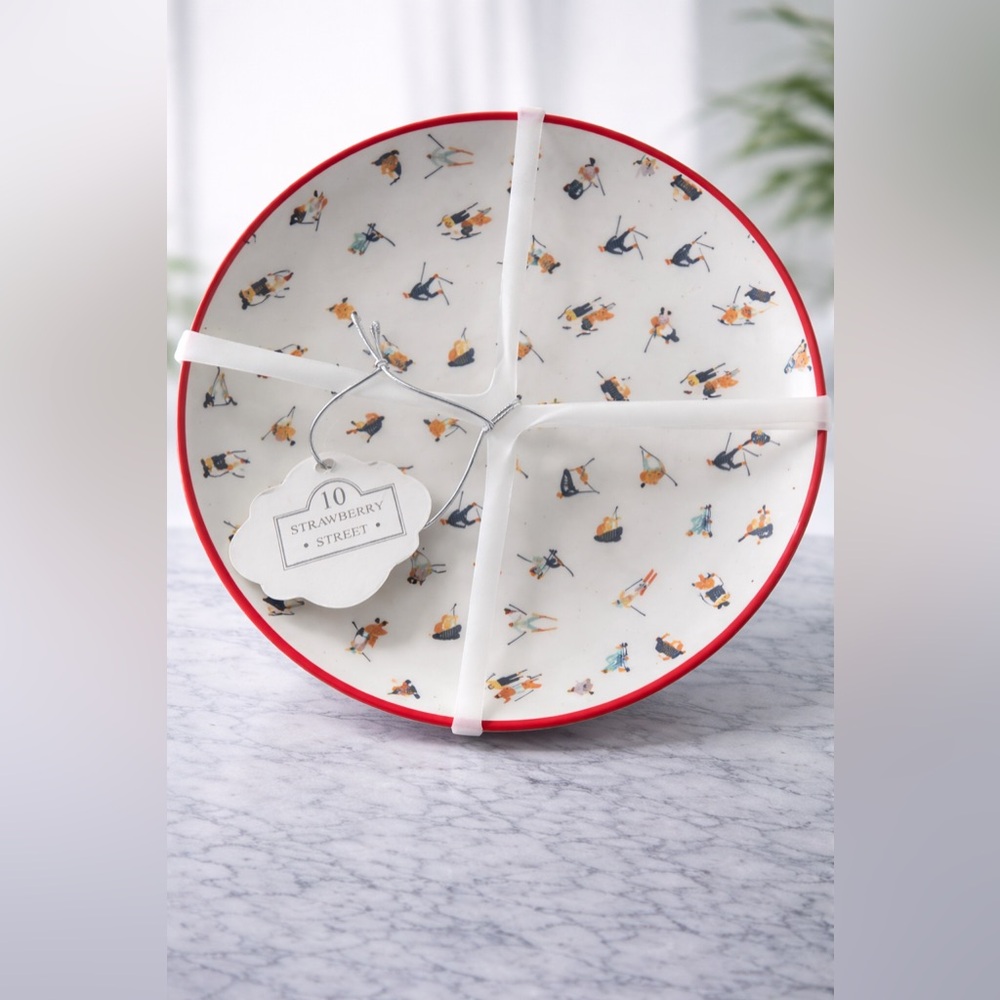 Strawberry Street Winter Skiers - Holiday 6.5” Appetizer Plate Set of 4 - NEW